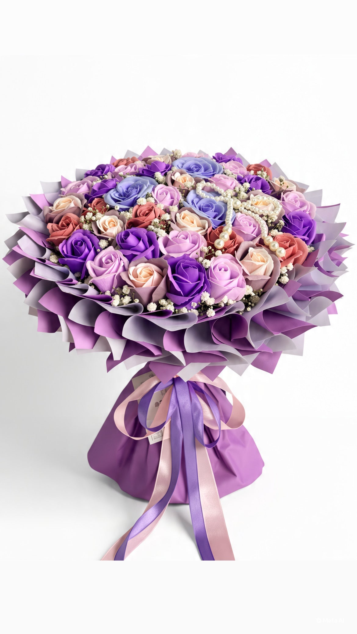 Rosenstrauß „Lavender Dream” aus Seifenrosen in Lila, Flieder & Altrosa mit Perlen