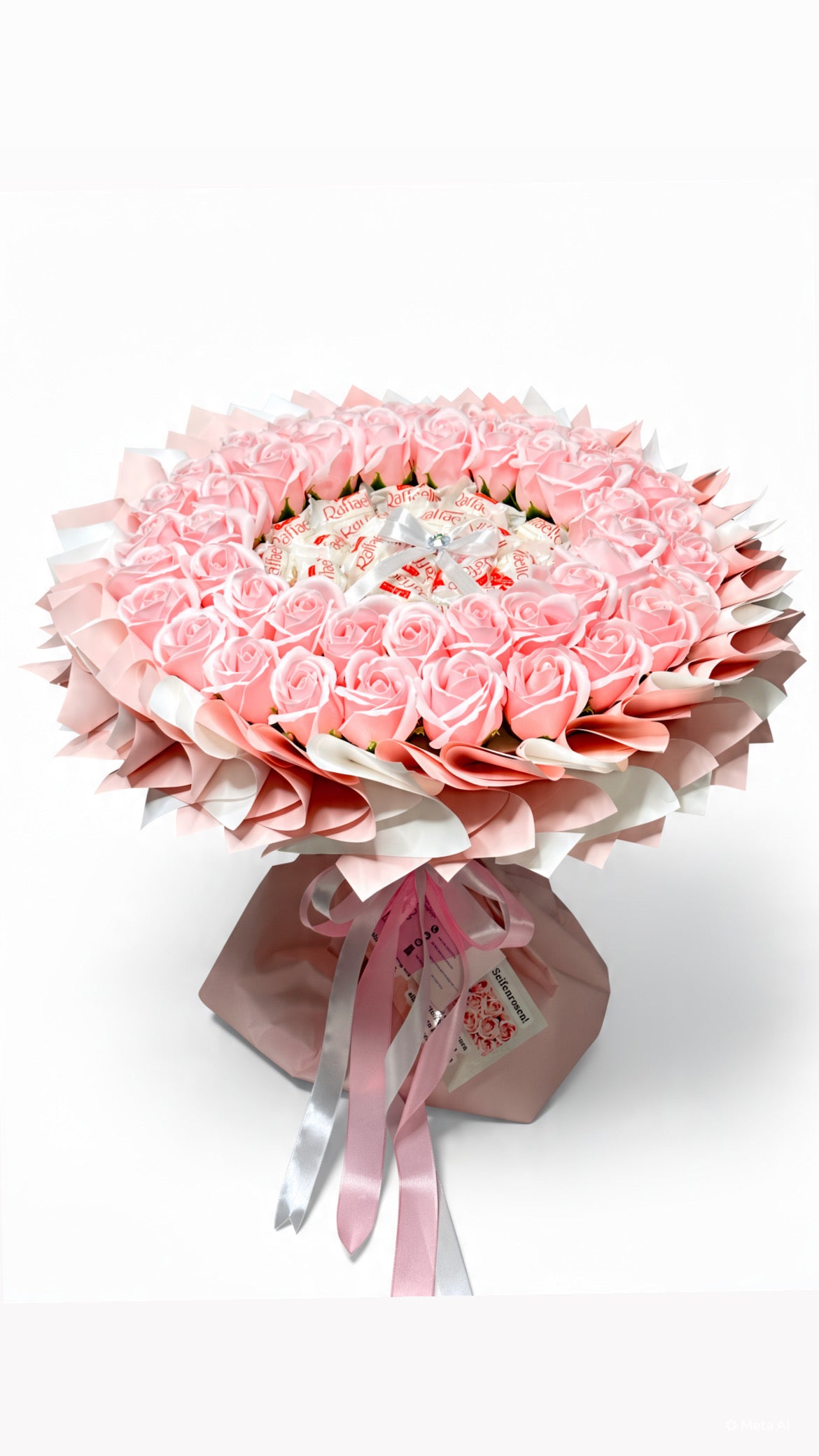 Rosenstrauß „Pink Cloud” mit zwei Reihen Seifenrosen und Raffaello in Zartrosa