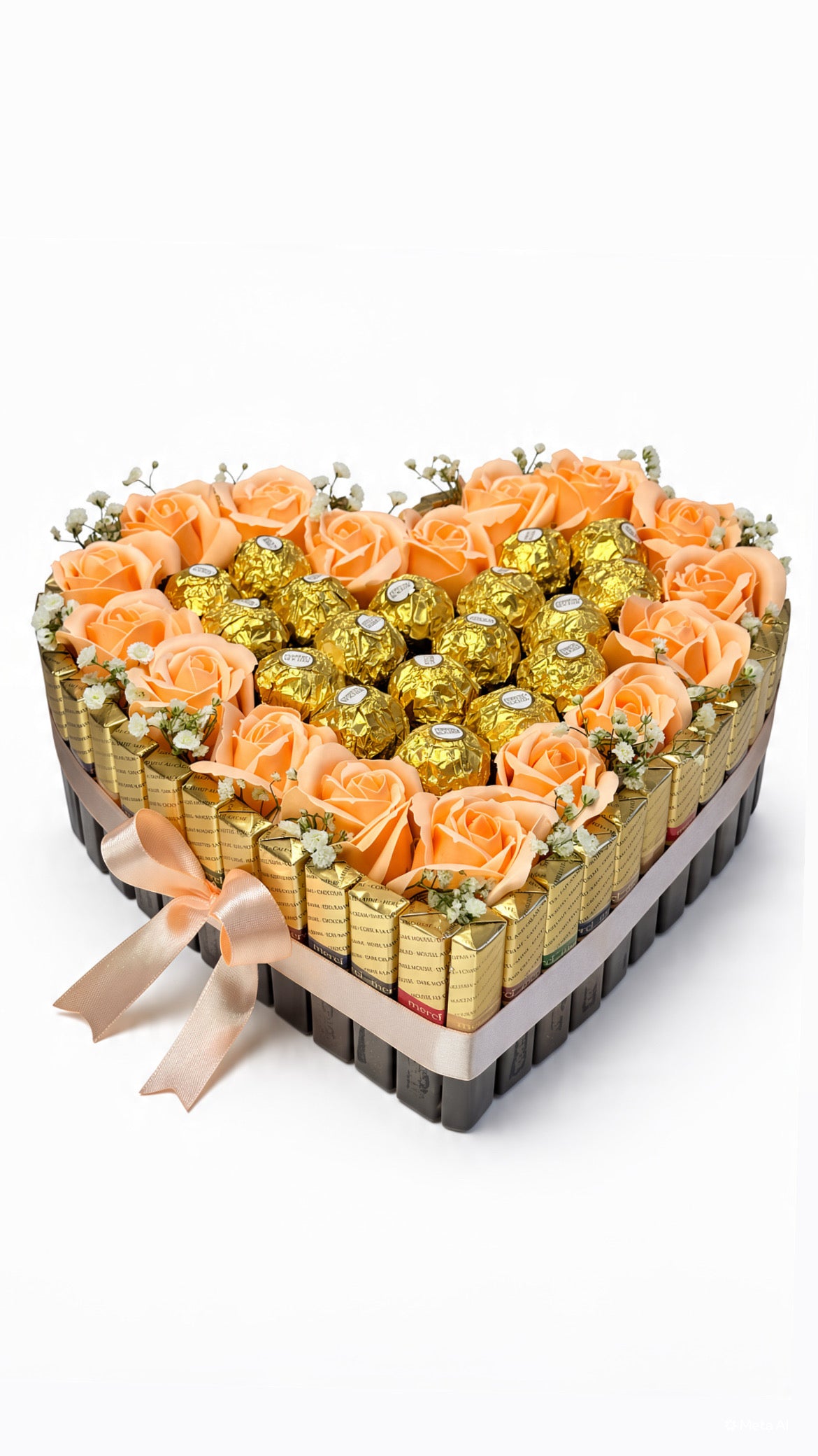 Herz-Torte „Peach Gold” mit Merci, Ferrero Rocher und Seifenrosen