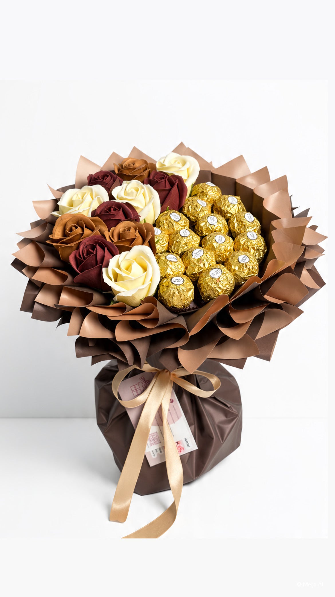Strauß „Chocolate Dream” mit Seifenrosen in Creme, Dunkelbraun & Karamell und Ferrero Rocher