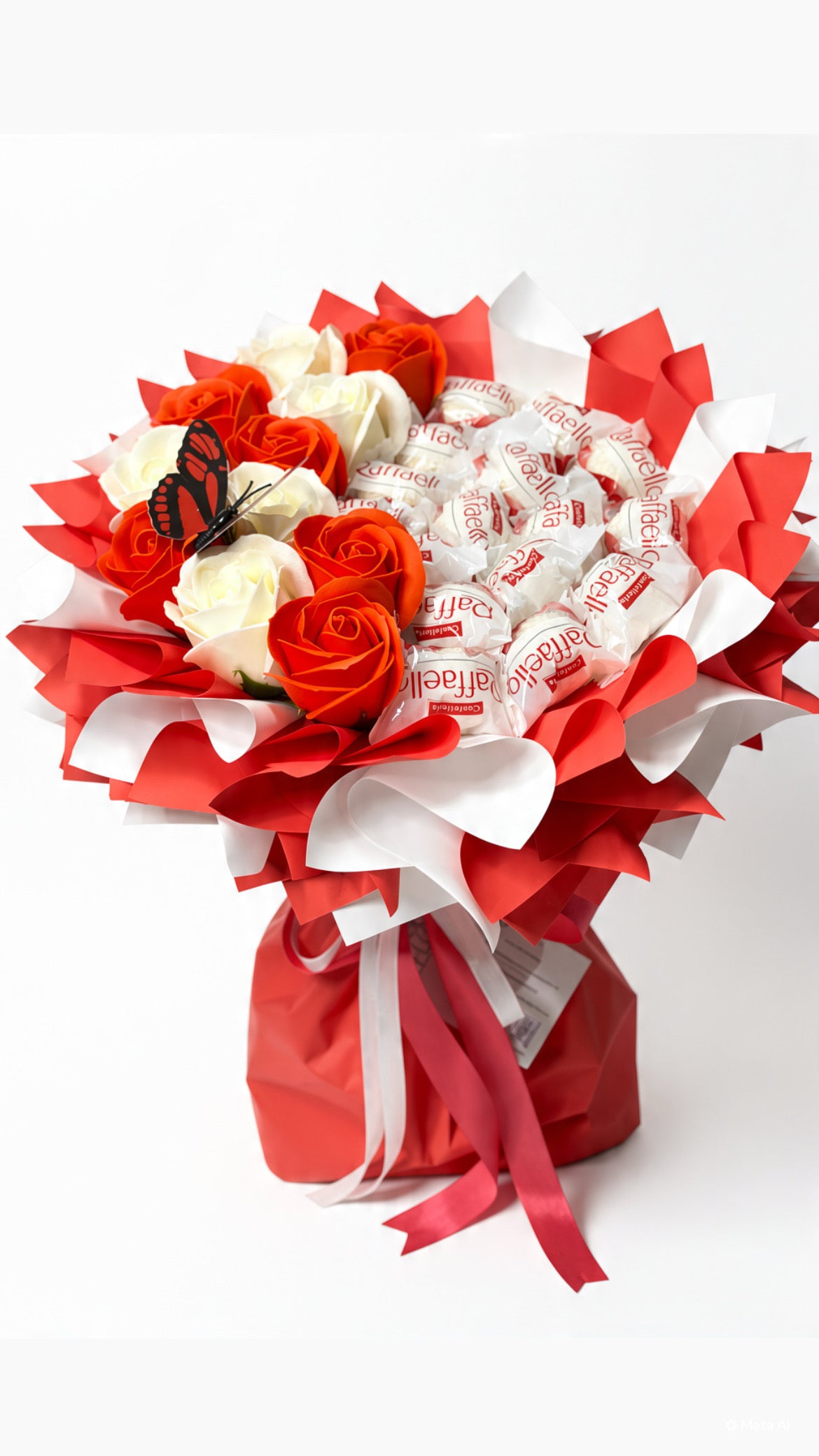 Strauß „Red Butterfly” mit Seifenrosen in Orange-Rot & Creme und Raffaello
