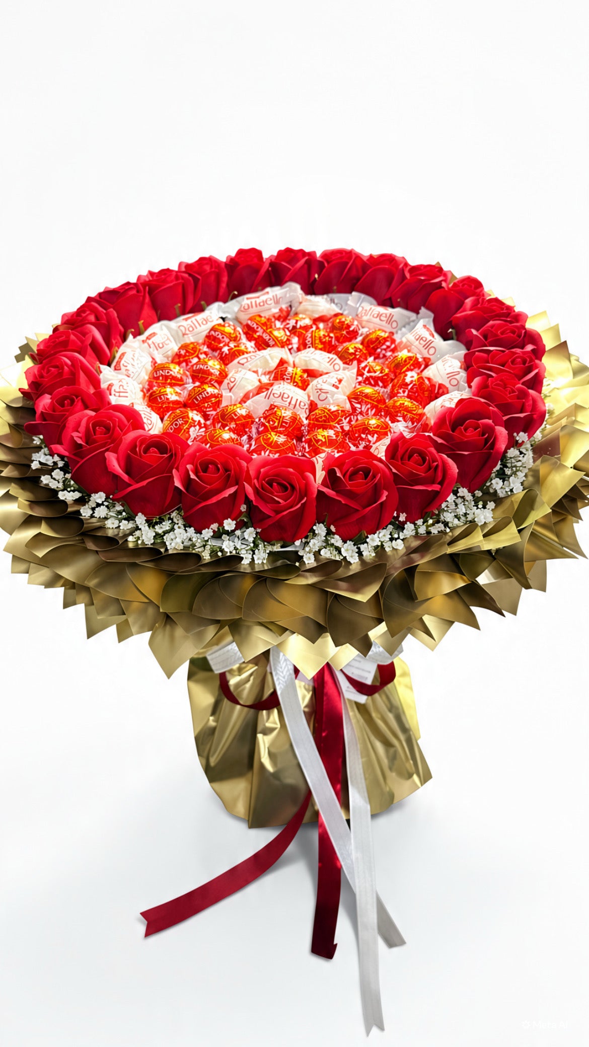 Strauß „Red Velvet” mit roten Seifenrosen, Raffaello und Lindt Lindor in Gold