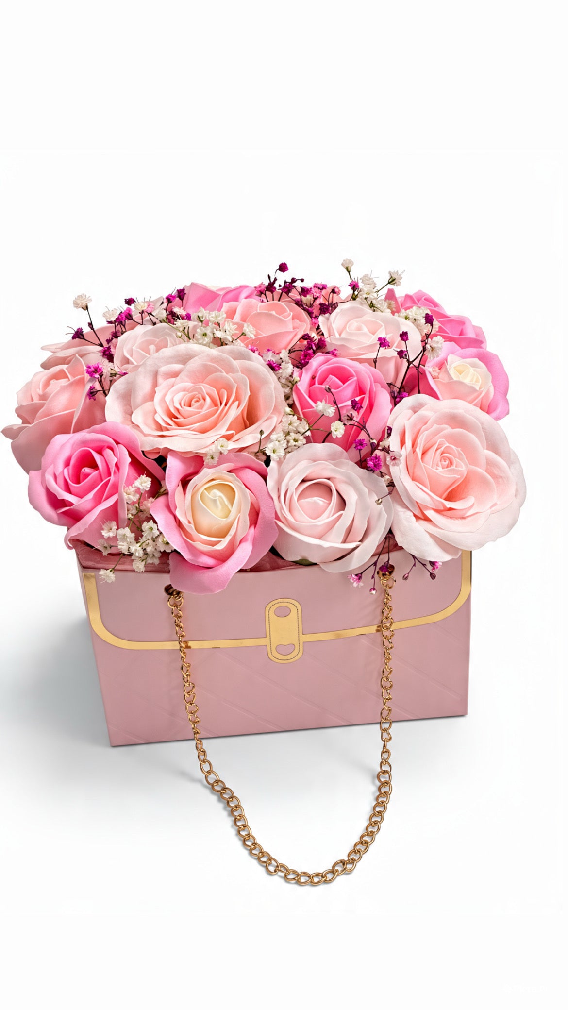 Rosa Täschchen „Rose Bag” gefüllt mit Seifenrosen – Blumenbox mit Goldkette