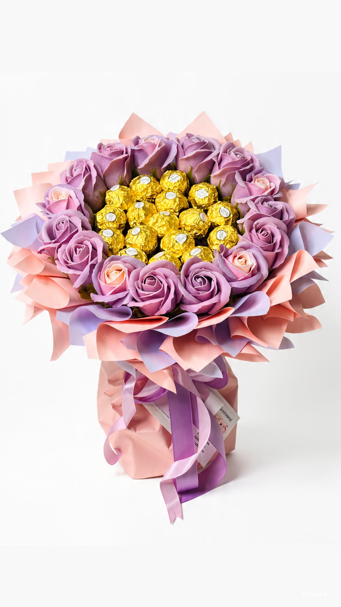 Strauß „Lilac Gold” mit Seifenrosen in Flieder & Rosa und Ferrero Rocher