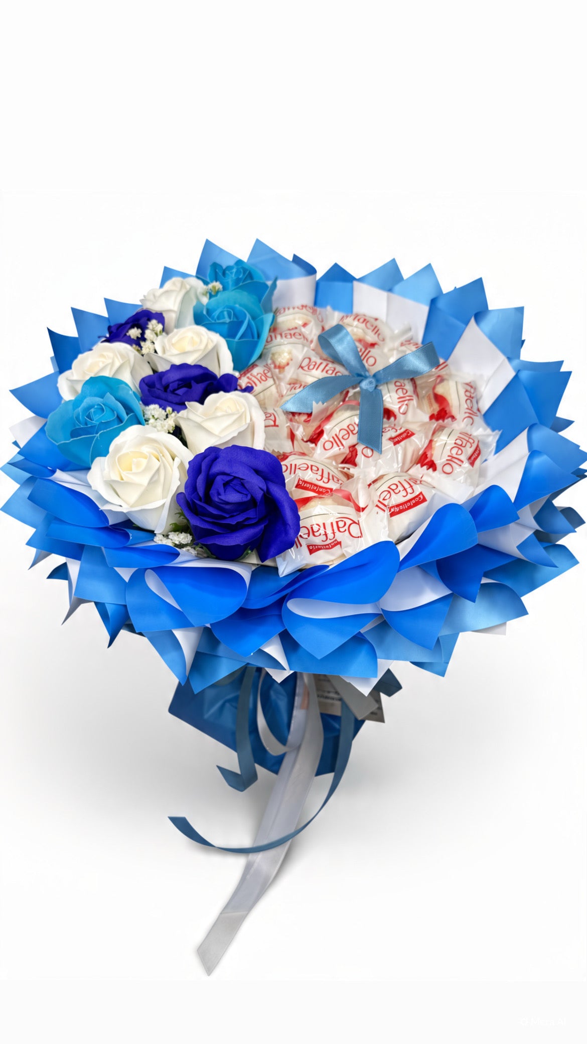 Strauß „Blue Ocean” mit Seifenrosen in Blau, Türkis & Weiß und Raffaello