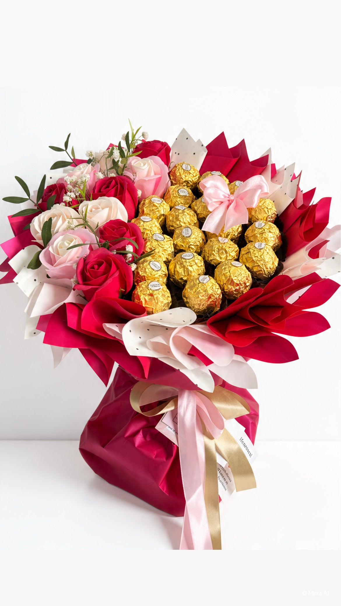 Strauß „Magenta Dream” mit Seifenrosen und Ferrero Rocher in Magenta, Rosa & Creme