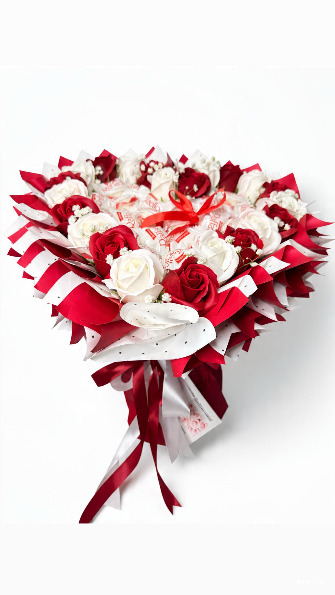 Herz-Strauß „Love Story” mit Seifenrosen in Rot & Weiß und Raffaello