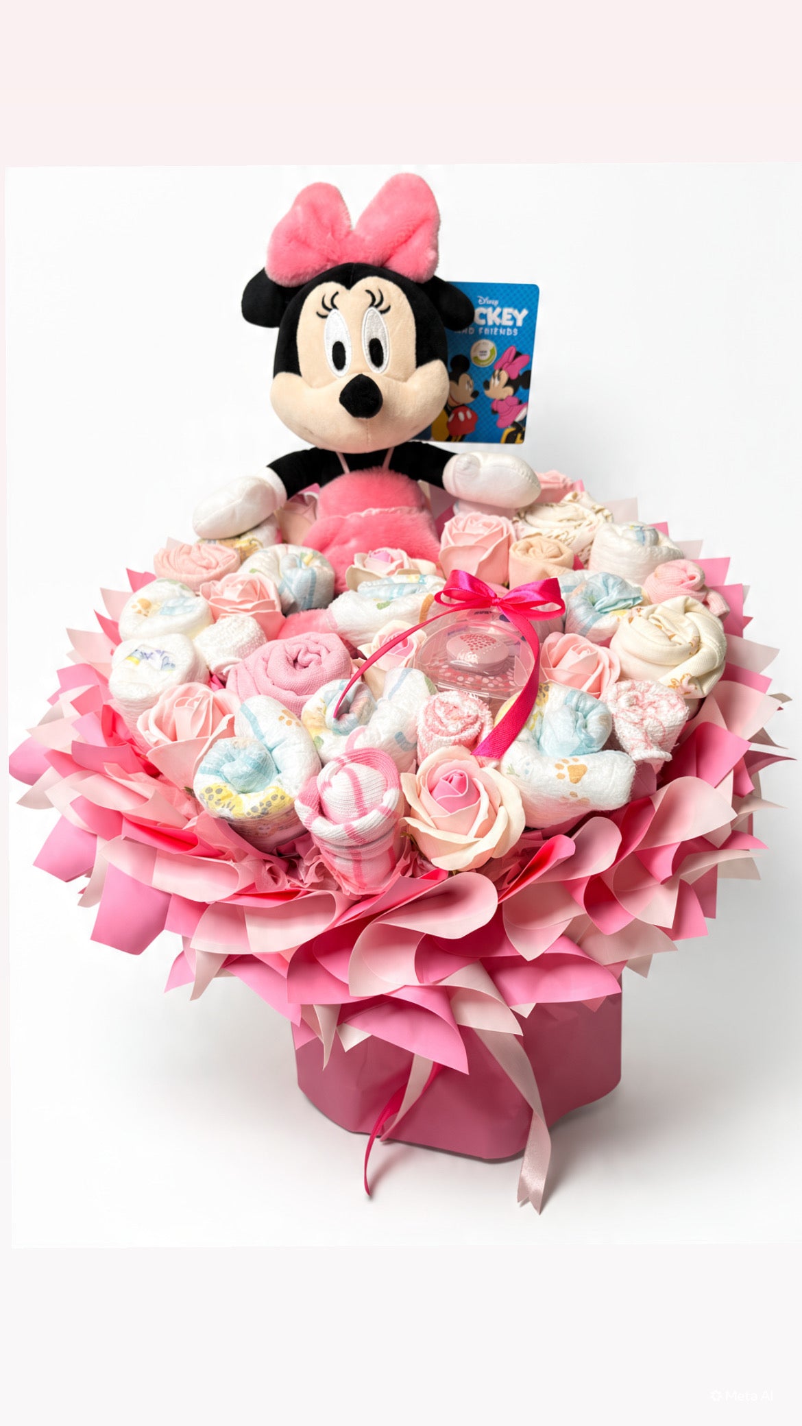 Babystrauß „Little Princess” mit Minnie-Kuscheltier, Windeln, Bodys und NUK Schnuller in Rosa