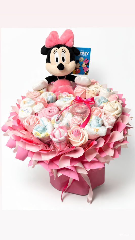 Babystrauß „Little Princess” mit Minnie-Kuscheltier, Windeln, Bodys und NUK Schnuller in Rosa