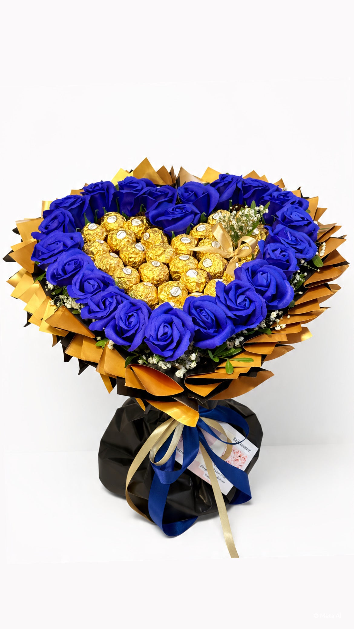 Herz-Strauß „Royal Blue” mit blauen Seifenrosen und Ferrero Rocher