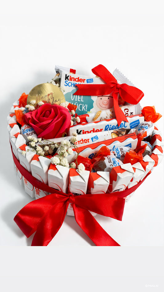 Süßigkeiten-Torte „Sweet Birthday“ mit Kinder-Schokolade & Seifenrose