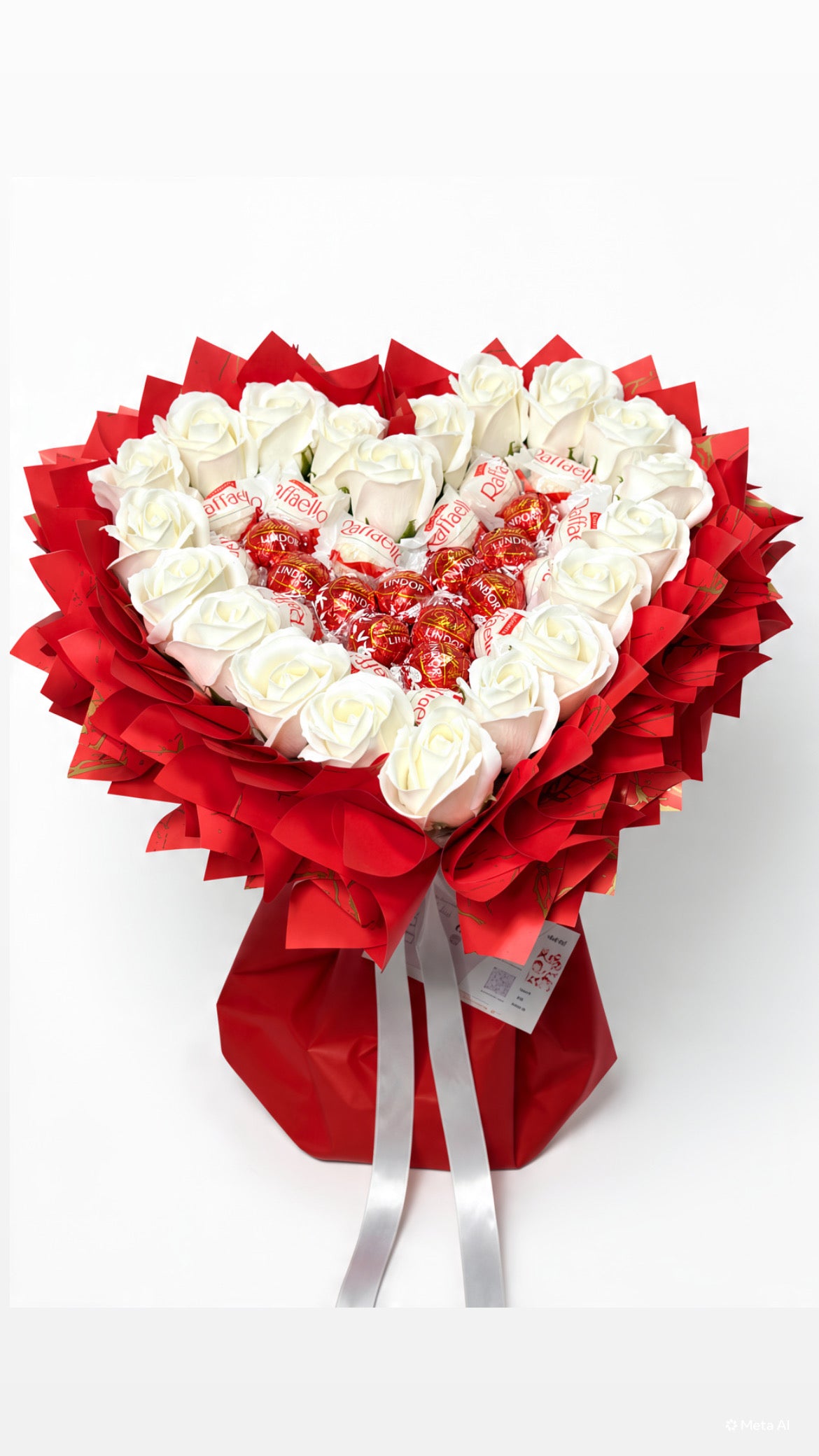 Herz-Strauß „Pure Love” mit weißen Seifenrosen, Raffaello und Lindt Lindor
