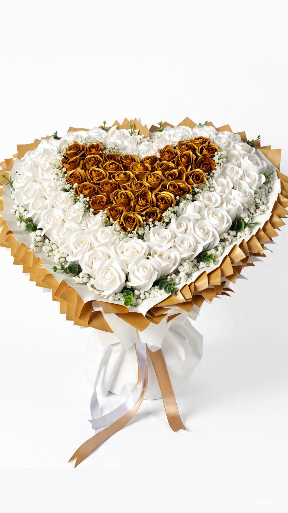 Großer Herz-Strauß „Golden Heart” aus weißen und goldenen Seifenrosen