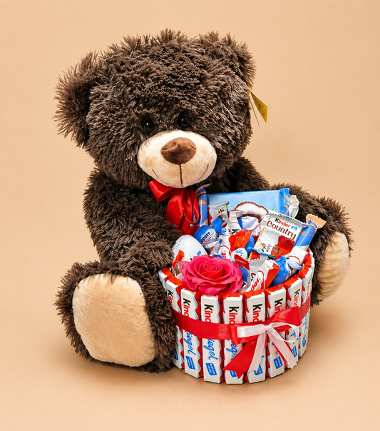 Süßes Teddybär Geschenkset mit Kinder Schokoriegel-Box & roter Seifenrose