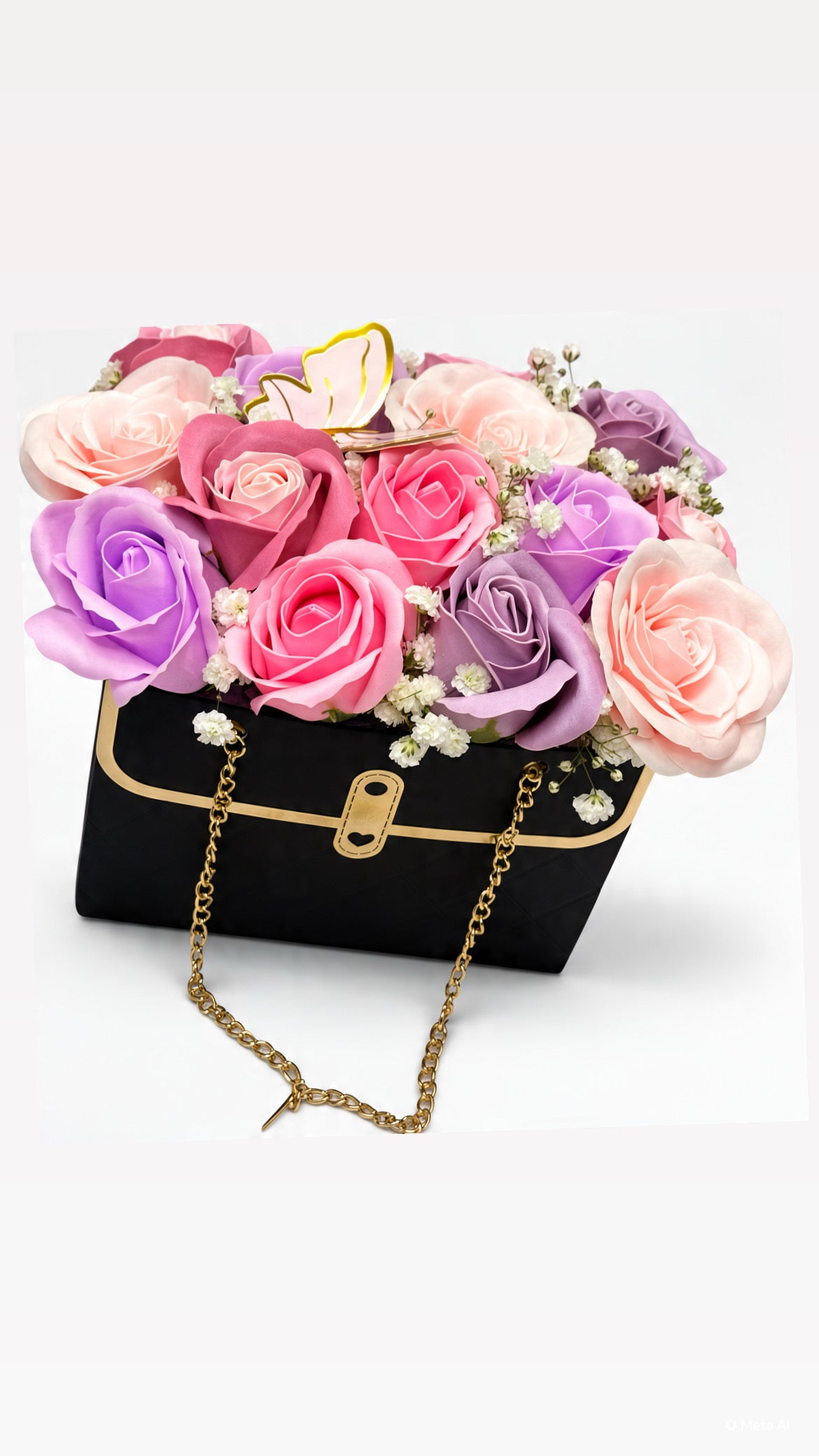 Schwarzes Täschchen „Black Rose Bag” mit Seifenrosen in Rosa & Flieder – Blumenbox mit Goldkette